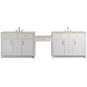 Bellshire 120" Dual Vanity Set with 24" Make-Up Counter, Bright White w/3 cm Tajnar Eclos Top