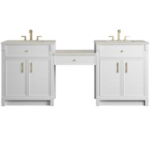 Bellshire 84" Dual Vanity Set with 24" Make-Up Counter, Bright White w/3 cm Siberian Silestone Top
