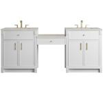 Bellshire 84" Dual Vanity Set with 24" Make-Up Counter, Bright White w/3 cm Siberian Silestone Top