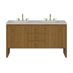 Hudson 60" Double Vanity, Honey Oak w/ 3 CM Eternal Jasmine Pearl Silestone Top w/FreePower Wireless Charger