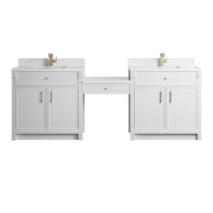 Bellshire 96" Dual Vanity Set with 24" Make-Up Counter, Bright White w/Single Hole 3 cm White Zeus Silestone Top & Backsplash