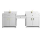 Bellshire 96" Dual Vanity Set with 24" Make-Up Counter, Bright White w/Single Hole 3 cm White Zeus Silestone Top & Backsplash