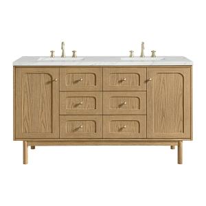Laurent 60" Double Vanity, Light Natural Oak, w/ 3 CM Ethereal Noctis Quartz Top w/FreePower Wireless Charger