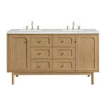 Laurent 60" Double Vanity, Light Natural Oak, w/ 3 CM Ethereal Noctis Quartz Top w/FreePower Wireless Charger