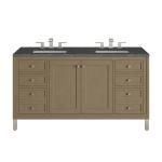 Chicago 60" Double Vanity, Walnut Whisper, w/ 3 CM Parisien Bleu Silestone® Top w/FreePower Wireless Charger