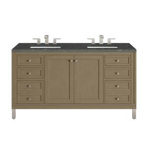 Chicago 60" Double Vanity, Walnut Whisper, w/ 3 CM Parisien Bleu Silestone® Top w/FreePower Wireless Charger