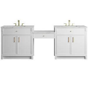Bellshire 96" Dual Vanity Set with 24" Make-Up Counter, Bright White w/3 cm Ethereal Noctis Silestone Top