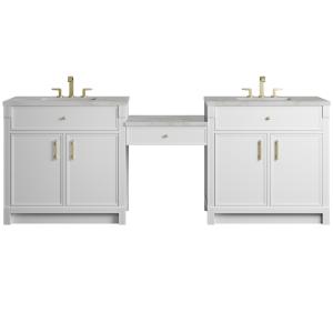 Bellshire 96" Dual Vanity Set with 24" Make-Up Counter, Bright White w/3 cm Victorian Silver Silestone Top