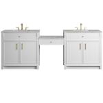 Bellshire 96" Dual Vanity Set with 24" Make-Up Counter, Bright White w/3 cm Victorian Silver Silestone Top