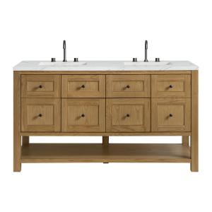 Breckenridge 60" Double Vanity, Light Natural Oak, w/ 3 CM Ethereal Noctis Quartz Top w/FreePower Wireless Charger