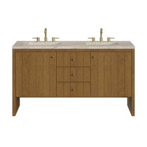Hudson 60" Double Vanity, Honey Oak w/ 3 CM Tajnar Eclos Top w/FreePower Wireless Charger