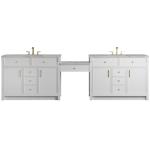 Bellshire 120" Dual Vanity Set with 24" Make-Up Counter, Bright White w/3 cm Victorian Silver Silestone Top