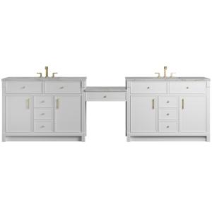 Bellshire 120" Dual Vanity Set with 24" Make-Up Counter, Bright White w/3 cm Victorian Silver Silestone Top w/FreePower Wireless Charger