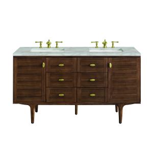 Amberly 60" Double Vanity, Mid-Century Walnut w/ 3 CM Victorian Silver Top w/FreePower Wireless Charger