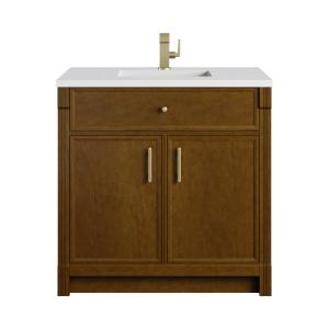 Bellshire 36" Single Vanity, Honey Oak w/ Single Hole 3 CM White Zeus Silestone Top and Matching Backsplash