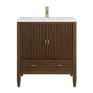 Myrrin 30" Single Vanity, Mid-Century Walnut w/ Single Hole 3 CM White Zeus Silestone Top and Matching Backsplash