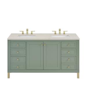 Chicago 60" Double Vanity, Smokey Celadon, w/ 3 CM Siberian Silestone Top w/FreePower Wireless Charger