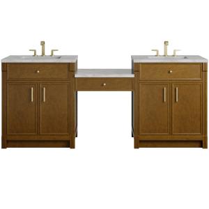 Bellshire 84" Dual Vanity Set with 24" Make-Up Counter, Honey Oak w/3 cm Victorian Silver Silestone Top