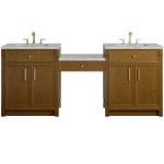 Bellshire 84" Dual Vanity Set with 24" Make-Up Counter, Honey Oak w/3 cm Victorian Silver Silestone Top