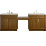 Bellshire 96" Dual Vanity Set with 24" Make-Up Counter, Honey Oak w/3 cm White Zeus Silestone Top