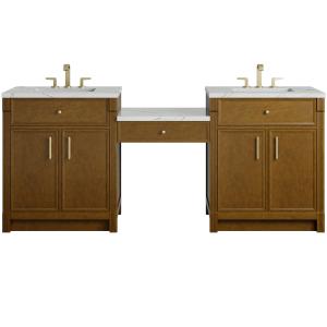 Bellshire 84" Dual Vanity Set with 24" Make-Up Counter, Honey Oak w/3 cm Ethereal Noctis Silestone Top