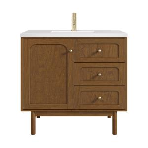 Laurent 36" Single Vanity, Honey Oak w/ Single Hole 3 CM White Zeus Silestone Top and Matching Backsplash