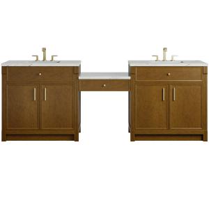 Bellshire 96" Dual Vanity Set with 24" Make-Up Counter, Honey Oak w/3 cm Ethereal Noctis Silestone Top