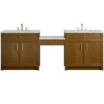Bellshire 96" Dual Vanity Set with 24" Make-Up Counter, Honey Oak w/3 cm Ethereal Noctis Silestone Top