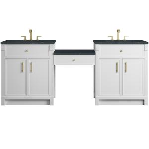 Bellshire 84" Dual Vanity Set with 24" Make-Up Counter, Bright White w/3 cm Charcoal Soapstone Silestone Top