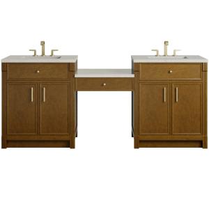 Bellshire 84" Dual Vanity Set with 24" Make-Up Counter, Honey Oak w/3 cm Siberian Silestone Top