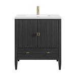 Myrrin 30" Single Vanity, Carbon Oak w/ Single Hole 3 CM White Zeus Silestone Top and Matching Backsplash