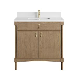Kinnsden 36" Single Vanity, Weathered Oak w/ Single Hole 3 CM White Zeus Silestone Top and Matching Backsplash