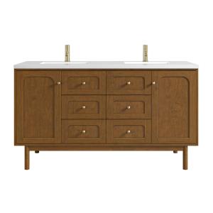 Laurent 60" Double Vanity, Honey Oak w/ Single Hole 3 CM White Zeus Silestone Top and Matching Backsplash