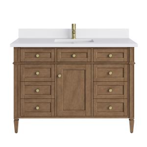 Brittany 48" Single Vanity, Pecan w/ Single Hole 3 CM White Zeus Silestone Top and Matching Backsplash