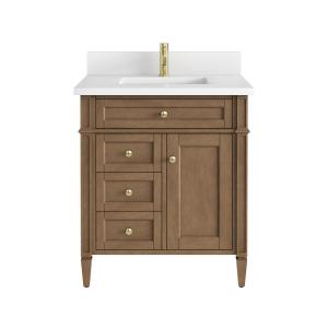 Brittany 30" Single Vanity, Pecan w/ Single Hole 3 CM White Zeus Silestone Top and Matching Backsplash