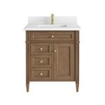 Brittany 30" Single Vanity, Pecan w/ Single Hole 3 CM White Zeus Silestone Top and Matching Backsplash