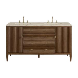 Myrrin 60" Double Vanity, Mid Century Walnut, w/ 3 CM Tajnar Eclos Top w/FreePower Wireless Charger