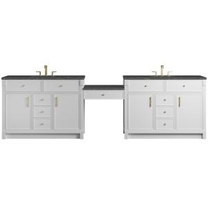 Bellshire 120" Dual Vanity Set with 24" Make-Up Counter, Bright White w/3 cm Parisien Bleu Silestone Top