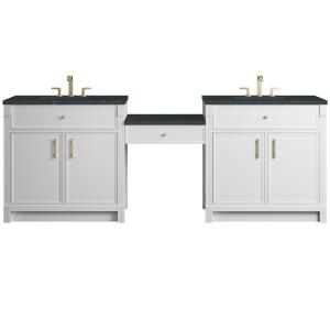 Bellshire 96" Dual Vanity Set with 24" Make-Up Counter, Bright White w/3 cm Charcoal Soapstone Silestone Top