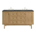 Laurent 60" Double Vanity, Light Natural Oak, w/ 3 CM Parisien Bleu Quartz Top w/FreePower Wireless Charger