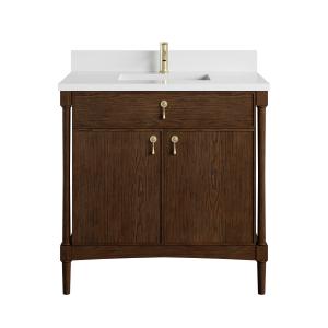 Kinnsden 36" Single Vanity, Sable Oak w/ Single Hole 3 CM White Zeus Silestone Top and Matching Backsplash