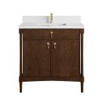 Kinnsden 36" Single Vanity, Sable Oak w/ Single Hole 3 CM White Zeus Silestone Top and Matching Backsplash