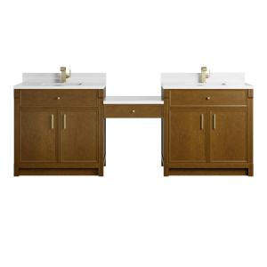 Bellshire 96" Dual Vanity Set with 24" Make-Up Counter, Honey Oak w/Single Hole 3 cm White Zeus Silestone Top & Backsplash