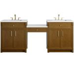 Bellshire 84" Dual Vanity Set with 24" Make-Up Counter, Honey Oak w/3 cm White Zeus Silestone Top