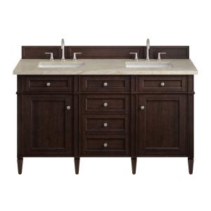 Brittany 60" Double Vanity, Burnished Mahogany, w/ 3 CM Tajnar Eclos Top w/FreePower Wireless Charger