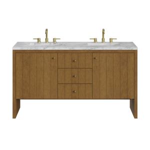 Hudson 60" Double Vanity, Honey Oak w/ 3 CM Carrara Marble Top