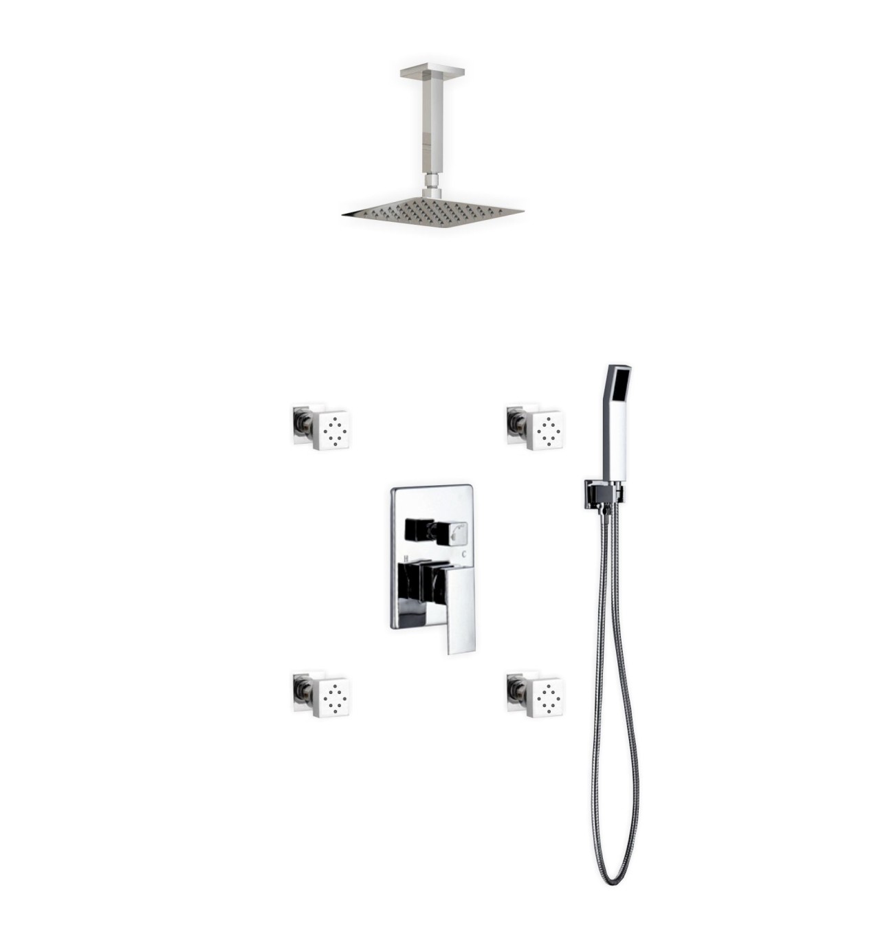 Aqua Piazza Brass Shower Set with 8" Ceiling Mount Square Rain Shower, Handheld and 4 Body Jets