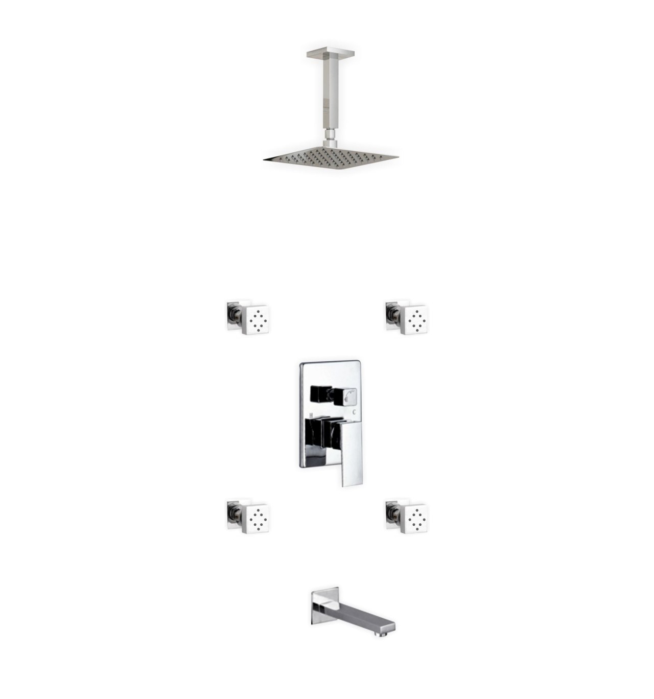 Aqua Piazza Brass Shower Set with 8" Ceiling Mount Square Rain Shower, Tub Filler and 4 Body Jets