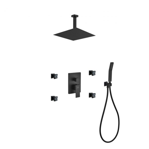 Aqua Piazza Matte Black Shower Set With 12 Ceiling Mount Square Rain Shower 4 Body Jets And Handheld