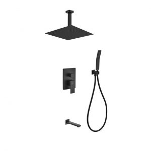 Aqua Piazza Matte Black Shower Set with 12" Ceiling Mount Square Rain Shower, Handheld and Tub Filler